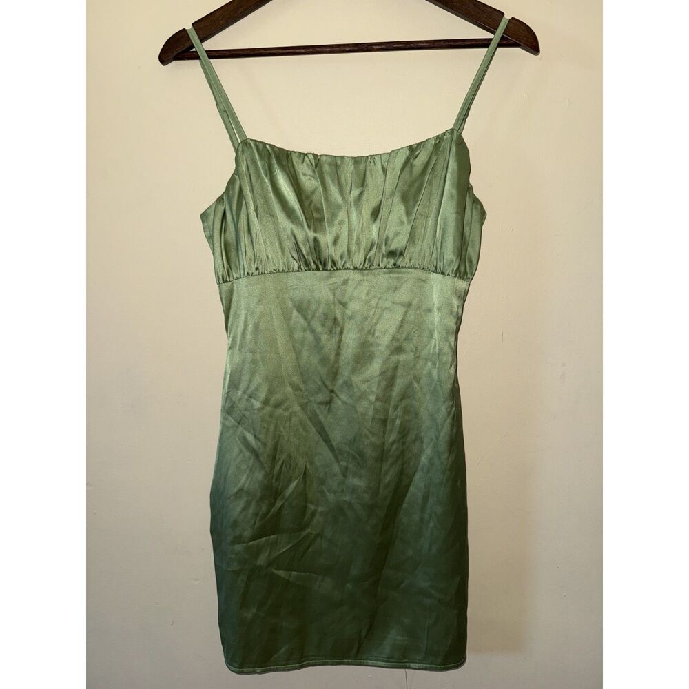 Missguided Sage Green Satin Mini Dress Ruched Bust Cami Size US 4